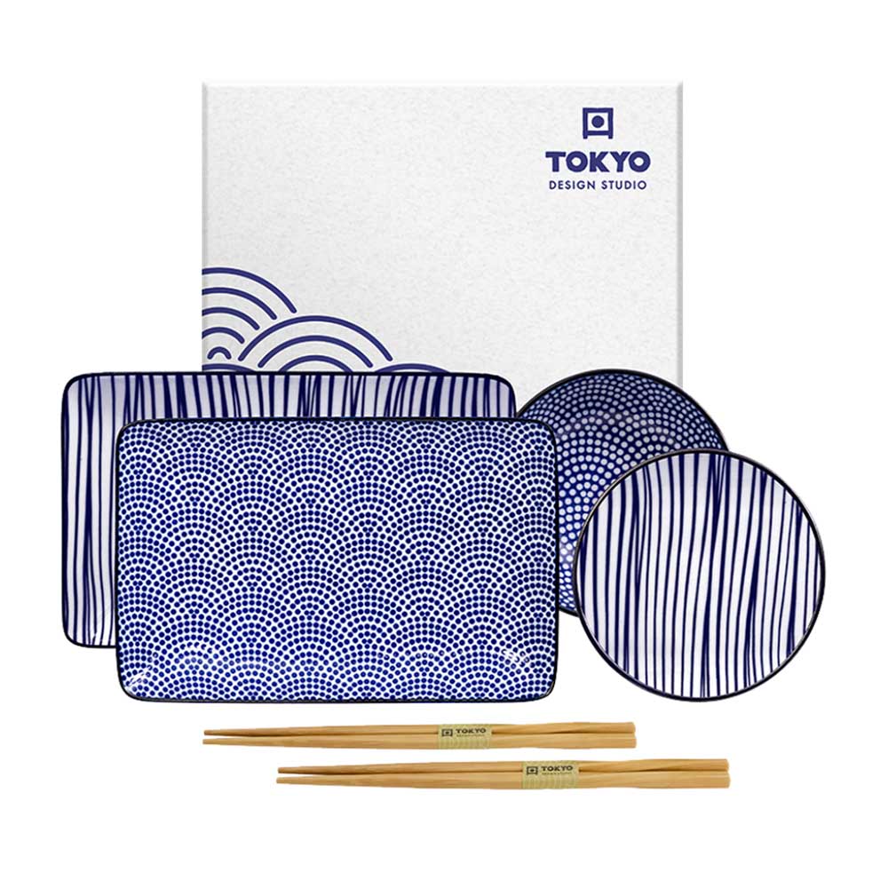 KASANOVA Set Sushi 3 Pezzi – Piattino Rettangolare, Ciotola Salsa E Poggia Bacchette In Ceramica Stoneware, Blu Sushiko